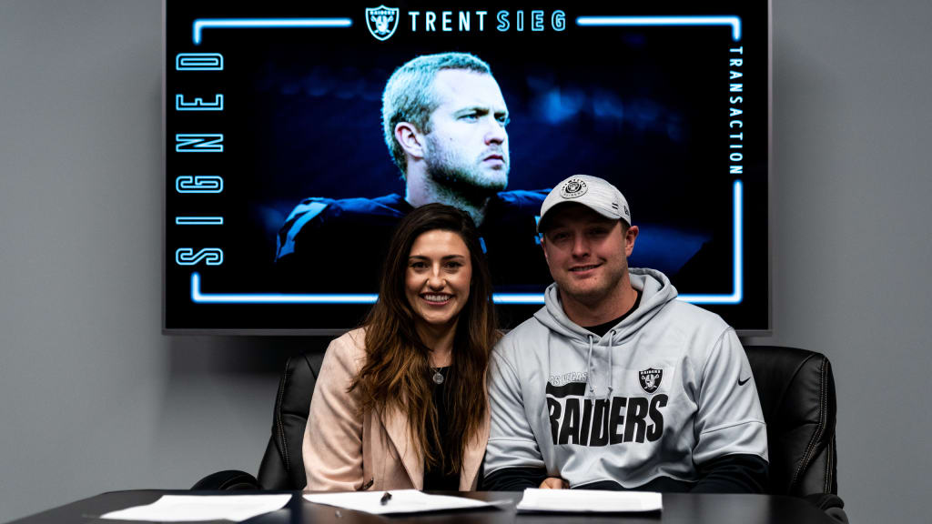 Las Vegas Raiders' Trent Sieg warms up at the NFL football team's