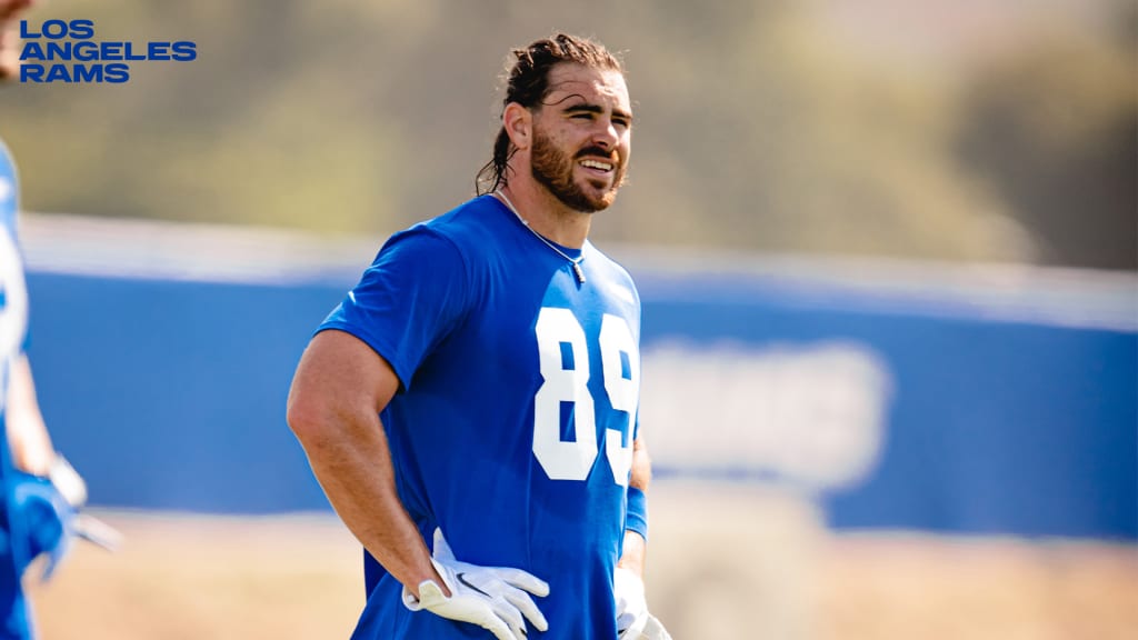 Tyler Higbee of the Los Angeles Rams celebrates after making a