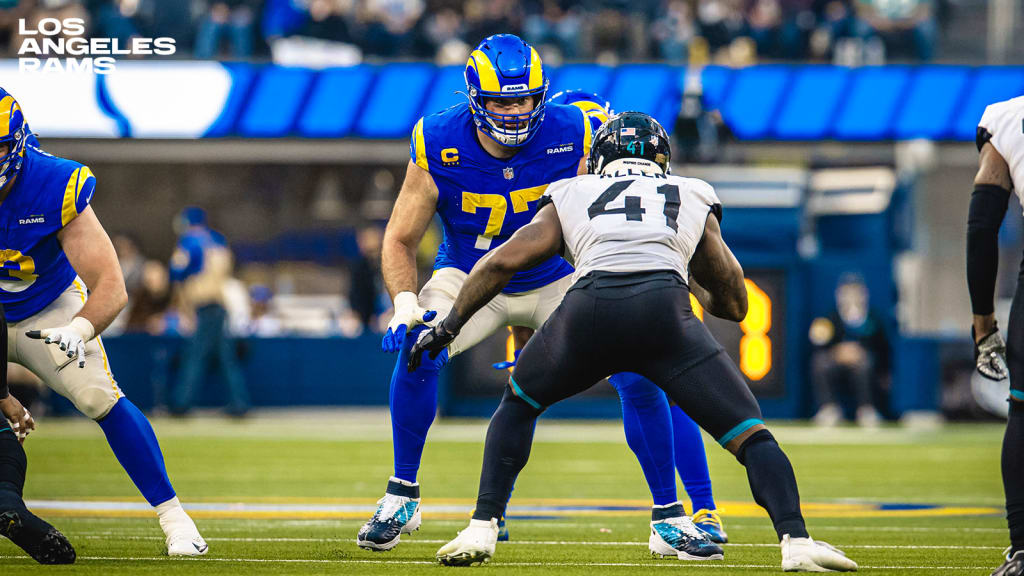 Los Angeles Rams offensive tackle Andrew Whitworth (77) exits the field  after an NFL football game against the Arizona Cardinals, Sunday, Oct. 3,  2021, in Inglewood, Calif. The Arizona Cardinals defeated the