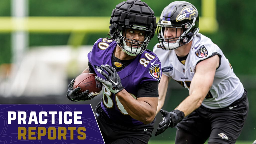 Baltimore Ravens tight end Isaiah Likely (80) warms up before an