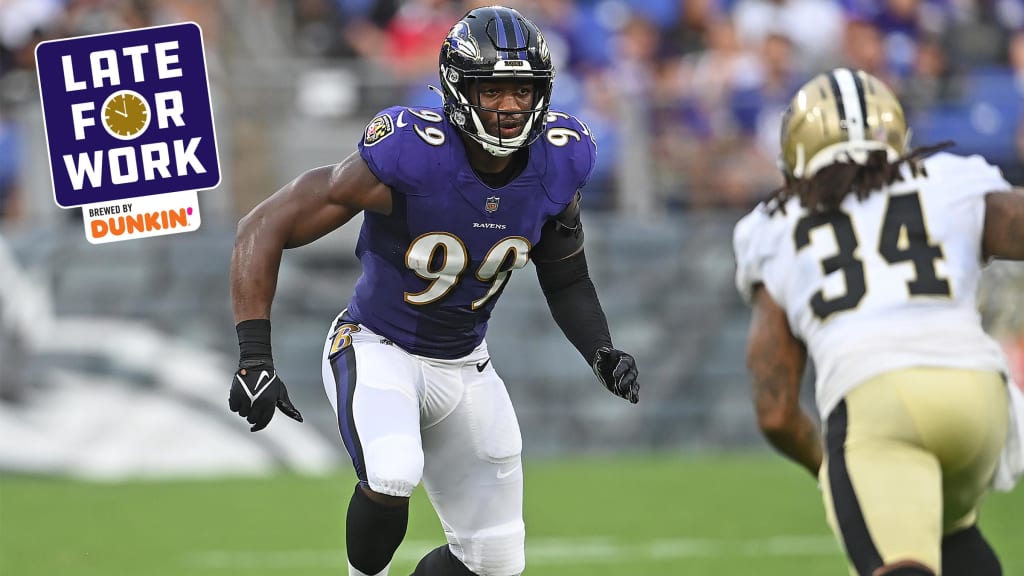 Baltimore Ravens linebacker Odafe Oweh (99) in action during the third  quarter an NFL preseason football game against the New Orleans Saints  Saturday, Aug. 14, 2021, in Baltimore. (AP Photo/Terrance Williams Stock