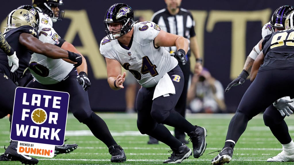 Baltimore Ravens center Tyler Linderbaum (64) looks on during pre