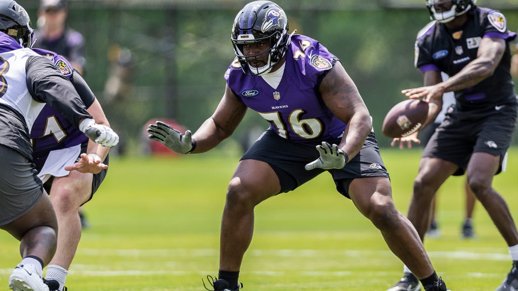 Baltimore Ravens guard Ben Cleveland (66) leaves the field on a