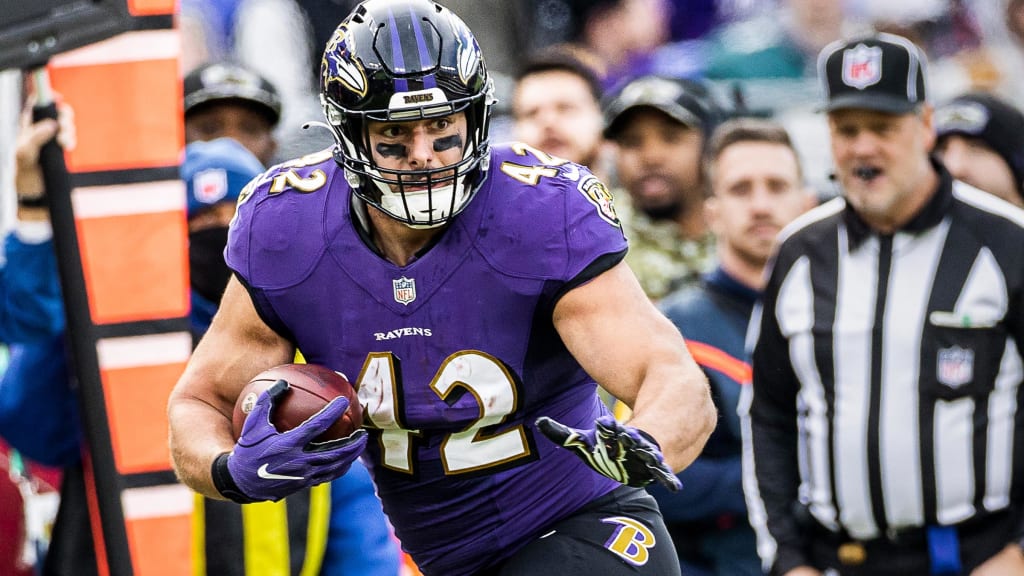 Baltimore Ravens fullback Patrick Ricard (42) walks off the field