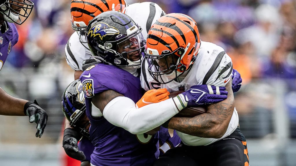 Baltimore Ravens linebacker Patrick Queen (6) greets quarterback