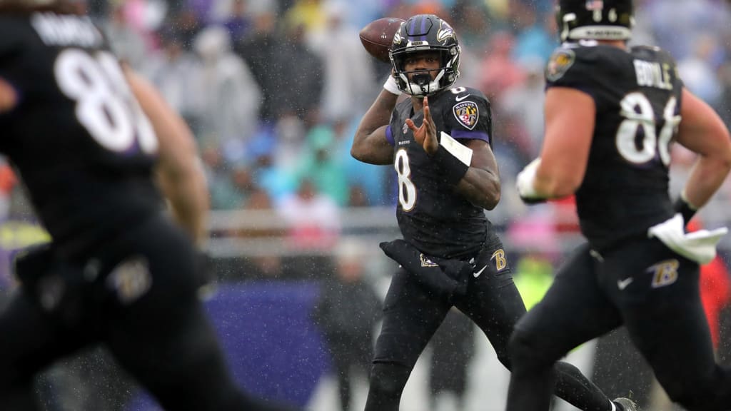 Baltimore Ravens quarterback Lamar Jackson (8) gestures in the second half  of an NFL football game against the San Francisco 49ers, Sunday, Dec. 1,  2019, in Baltimore, Md. (AP Photo/Nick Wass Stock