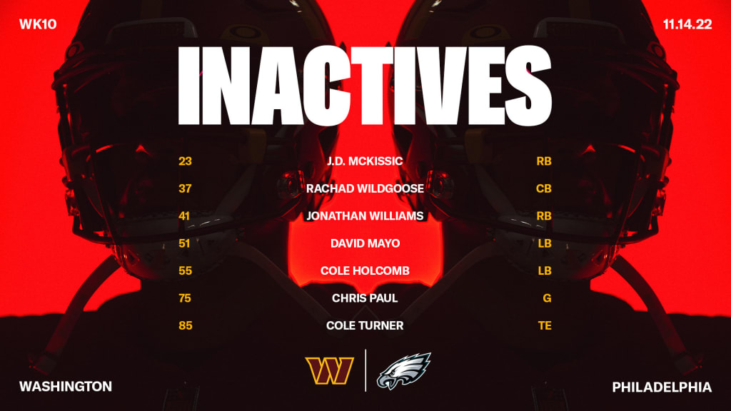 Washington Commanders vs. Philadelphia Eagles Inactives: Who's In? Who's  Out? - Sports Illustrated Washington Football News, Analysis and More