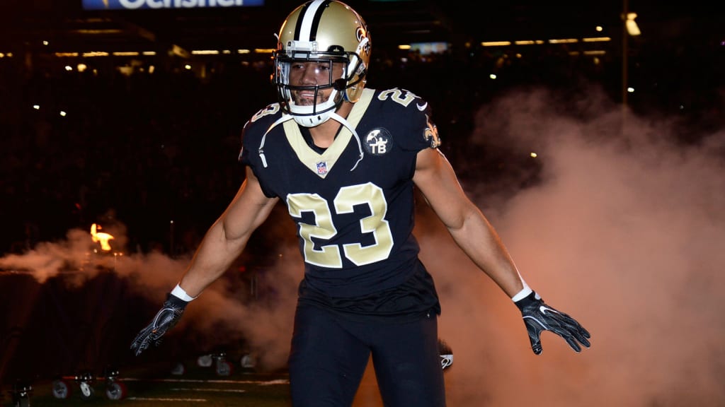 Marshon Lattimore of the New Orleans Saints shows his teeth on the