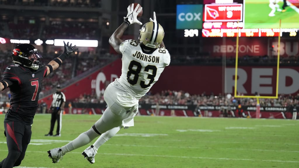 New Orleans Saints tight end Juwan Johnson (83) warms up before an