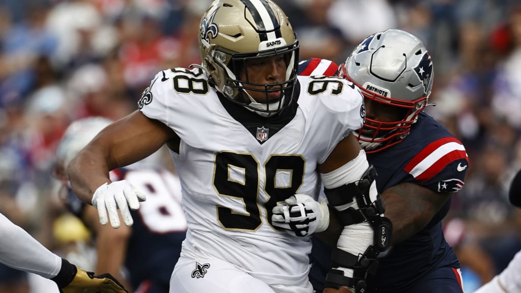 New Orleans Saints defensive end Payton Turner plays defense during the  first half of a NFL preseason football game against the Houston Texans,  Saturday, Aug. 13, 2022, in Houston. (AP Photo/Eric Christian