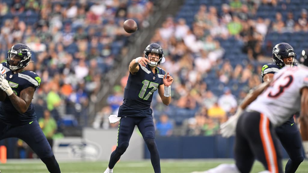 Seattle Seahawks quarterback Jacob Eason (17) during an NFL Preseason  football game against the Chicago Bears, Thursday, Aug. 18, 2022, in  Seattle, WA. The Bears defeated the Seahawks 27-11. (AP Photo/Ben VanHouten