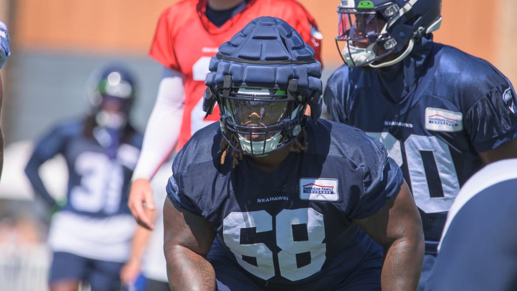 Seattle Seahawks guard Damien Lewis (68) gets set during an NFL football  game against the Carolina