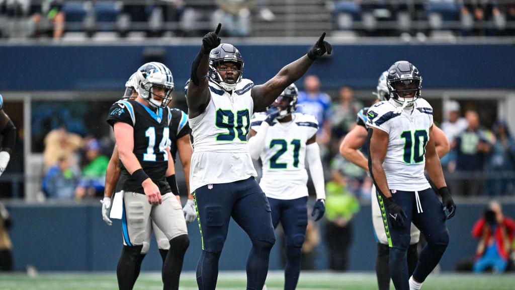 Seattle Seahawks defensive end Jarran Reed attempts to block a field goal  against the Los Angeles Rams during the first half of an NFL football game  Sunday, Sept. 10, 2023, in Seattle. (