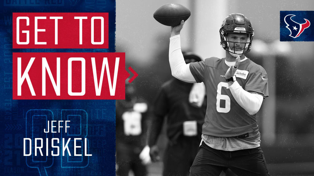 HOUSTON, TX - OCTOBER 10: Houston Texans quarterback Jeff Driskel (6) warms  up before the football game between the New England Patriots and Houston  Texans at NRG Stadium on October 10, 2021