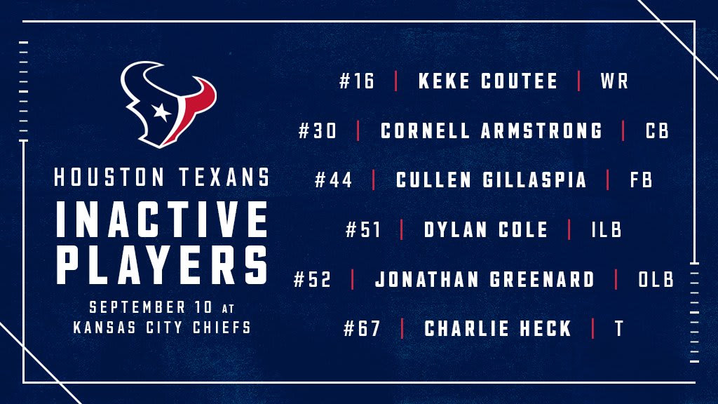 Week 1 inactives: Houston Texans vs. Kansas City Chiefs