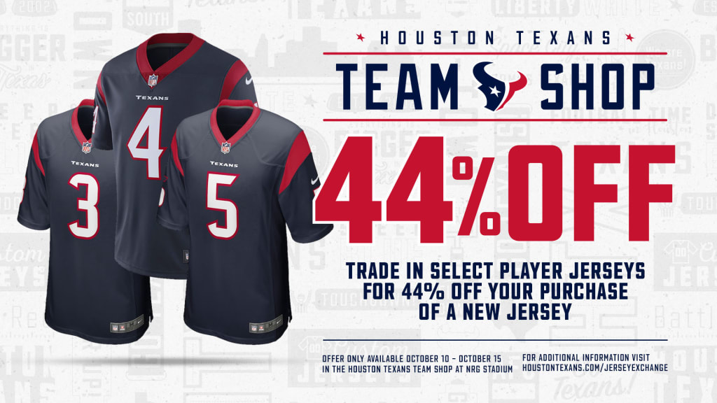 The Houston Texans are offering fans the opportunity to exchange select  former player jerseys for 44% off a new jersey throughout the team's Bye  Week.