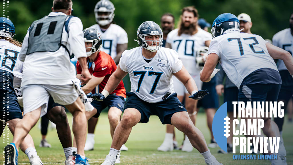 Andrew Rupcich, and Peter Skoronski of the Tennessee Titans block