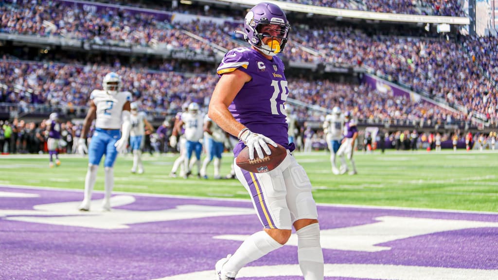 FILE - Minnesota Vikings wide receiver Adam Thielen celebrates after  catching a 23-yard touchdown pass during the first half of an NFL football  game against the Atlanta Falcons, Sunday, Sept. 8, 2019