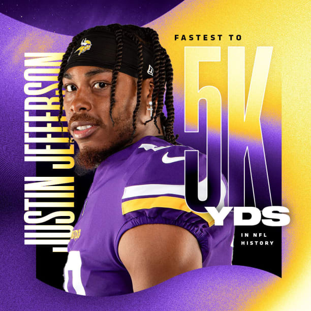 Vikings' Jefferson reaches 5,000 yards in 52 career games, equals NFL record