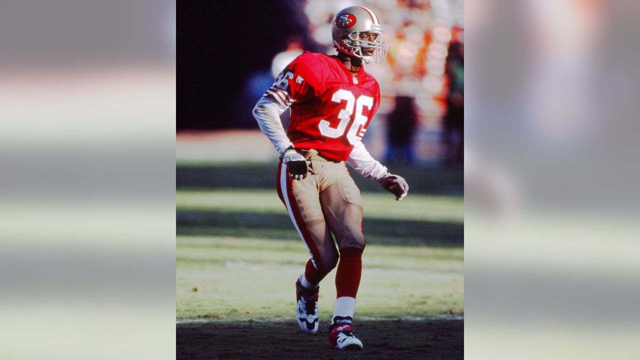 Defensive back Merton Hanks of the San Francisco 49ers looks on