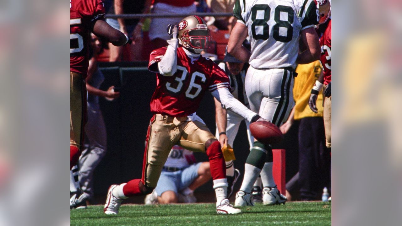 Safety Merton Hanks #36 of the San Francisco 49ers in action.Circa