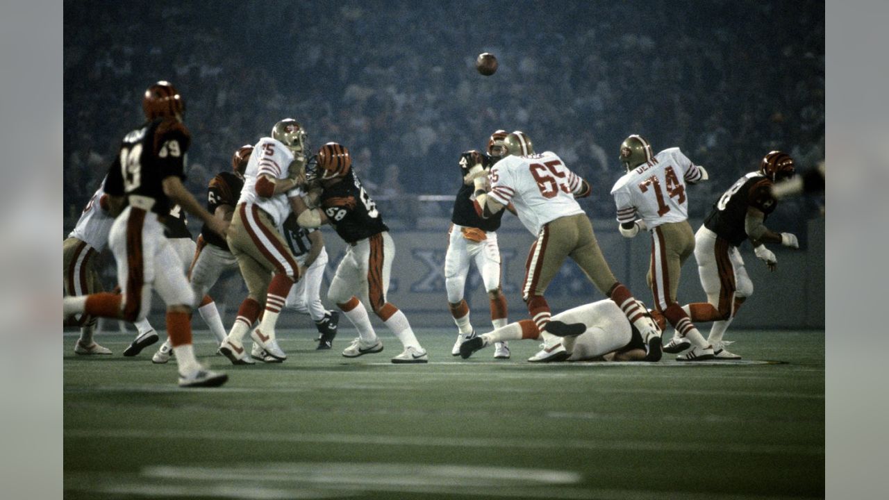 San Francisco 49ers celebrate their third quarter goal line stance that  stopped a Cincinnati Bengals scoring threat from within the one-yard-line,  on a fourth down situation, during Super Bowl XVI in Pontiac