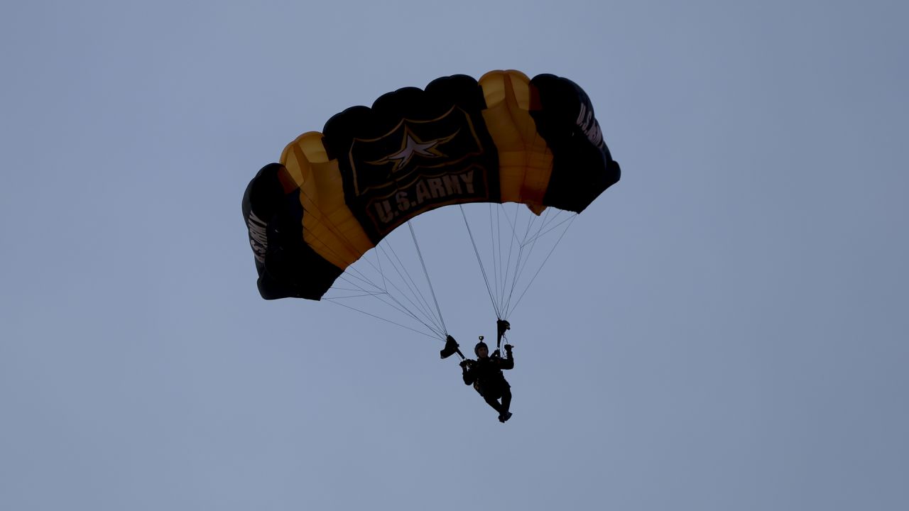 The Golden Knights parachute into the Levis Stadium before the