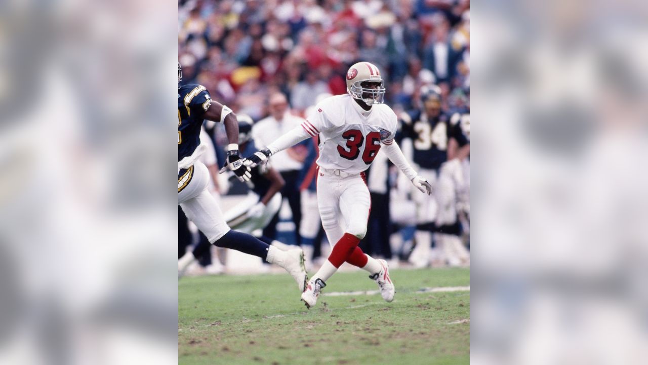 Safety Merton Hanks #36 of the San Francisco 49ers in action.Circa