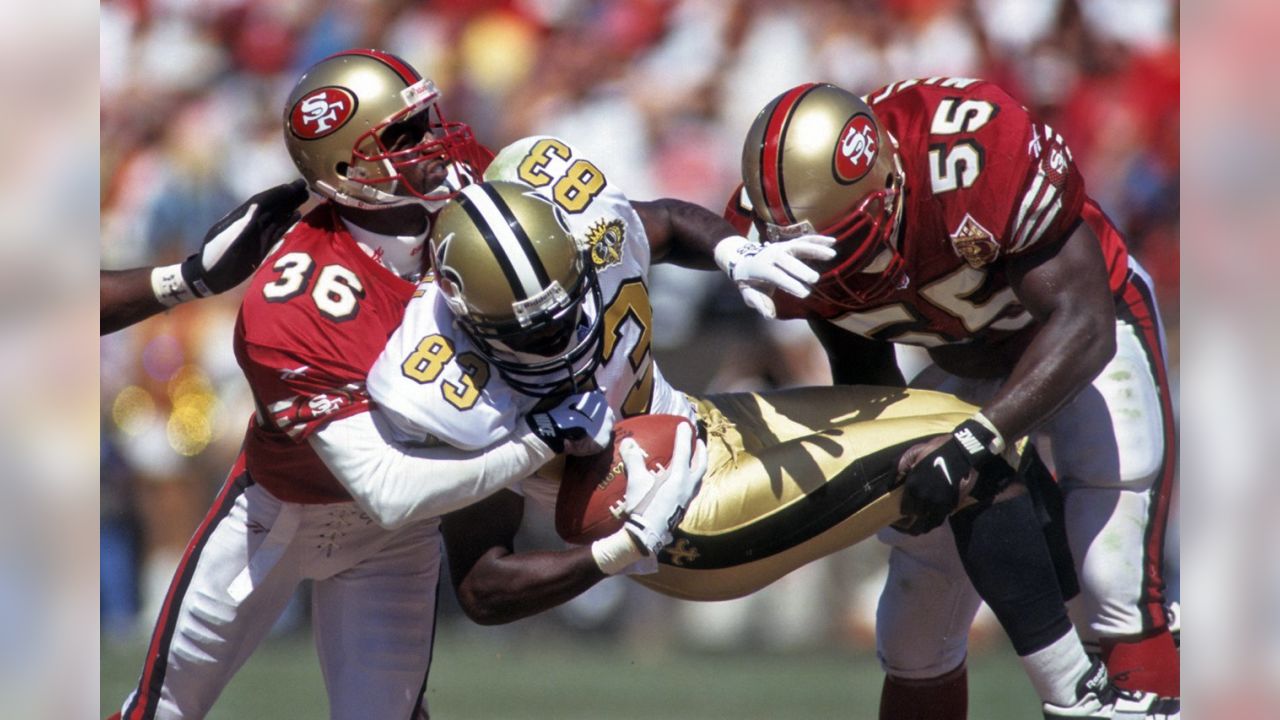 Defensive back Merton Hanks of the San Francisco 49ers looks on