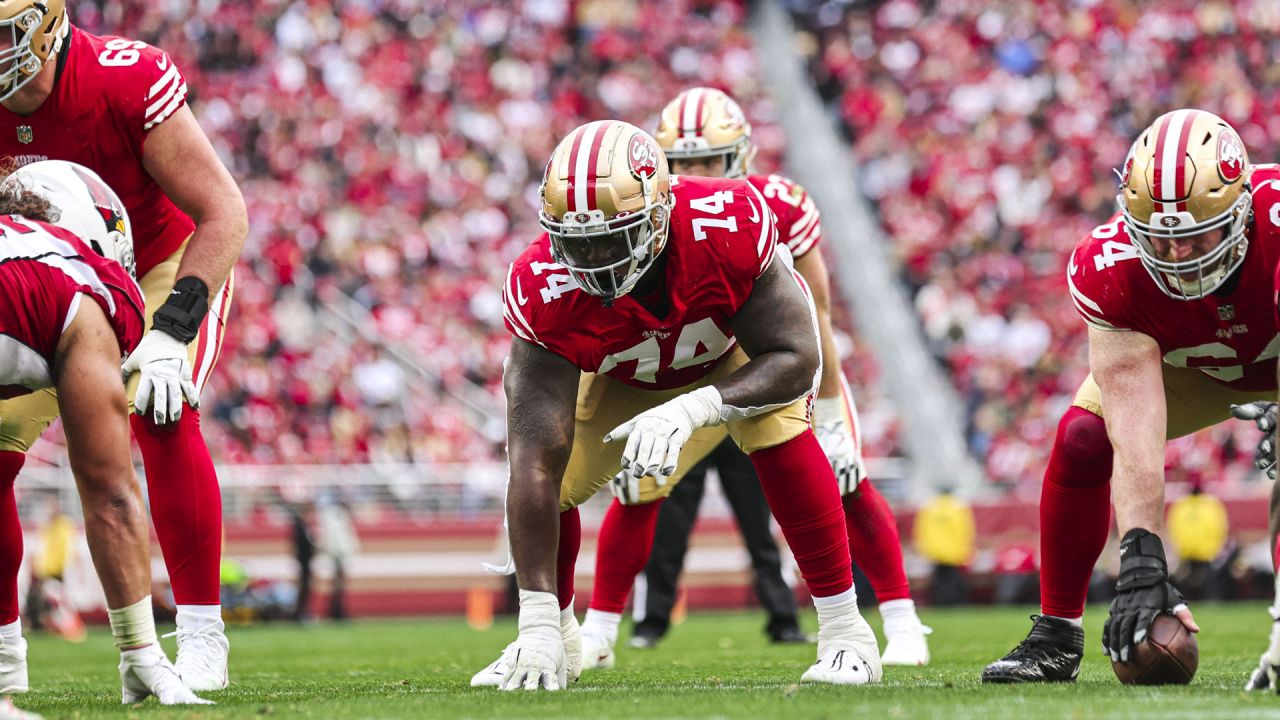 San Francisco 49ers offensive tackle Spencer Burford (74) reacts