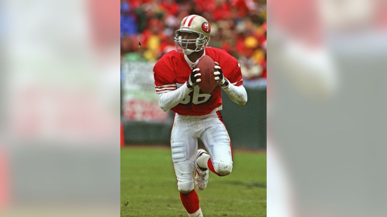 Defensive back Merton Hanks of the San Francisco 49ers looks on