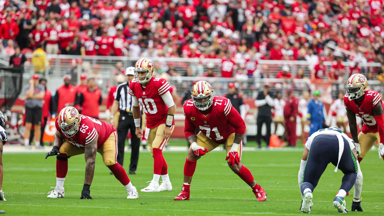 San Francisco 49ers vs. Seattle Seahawks. NFL Game. American Football  League match. Silhouette of professional player celebrate touch down.  Screen in Stock Photo - Alamy