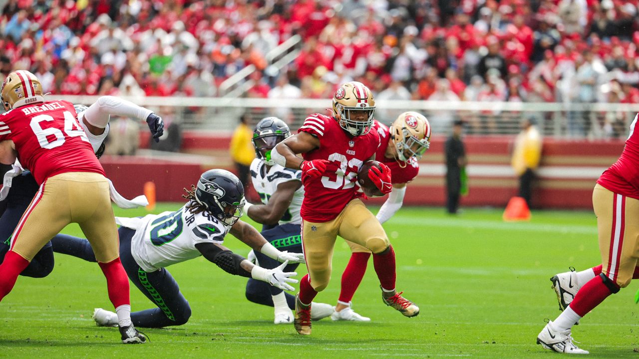 San Francisco 49ers linebacker Dre Greenlaw returns an intercepted pass  during the Seattle Seahawks 26-23 overtime win in a NFL football game  Monday, Nov. 11, 2019 in Santa Clara, CA. (Daniel Gluskoter/AP