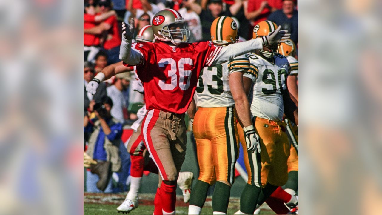 Safety Merton Hanks #36 of the San Francisco 49ers in action.Circa