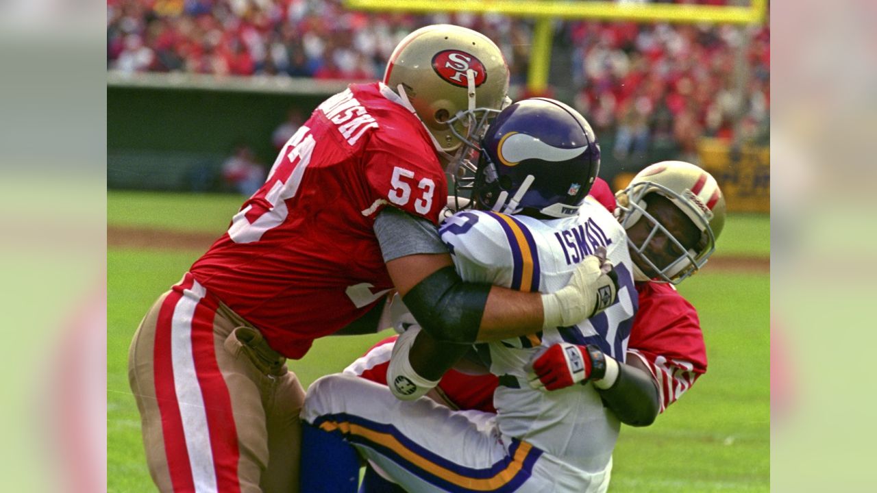 Safety Merton Hanks #36 of the San Francisco 49ers in action.Circa