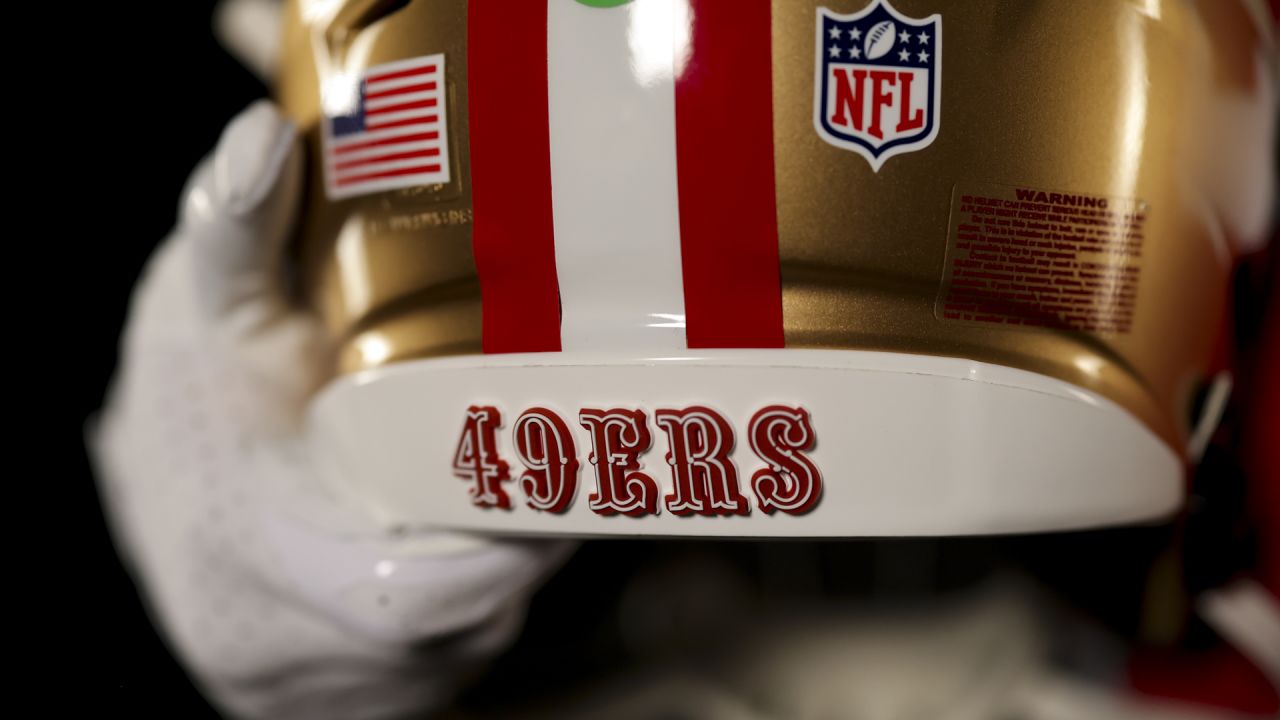 49ers new uniforms with saloon font, three-stripe sleeves