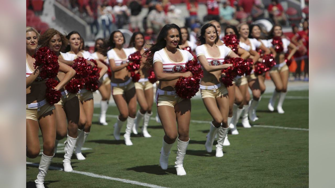 A San Francisco 49ers goldrush cheerleader performs during an NFL football  game between the San Francisco 49ers and the Tampa Bay Buccaneers, Sunday,  Dec.11, 2022, in Santa Clara, Calif. (AP Photo/Scot Tucker