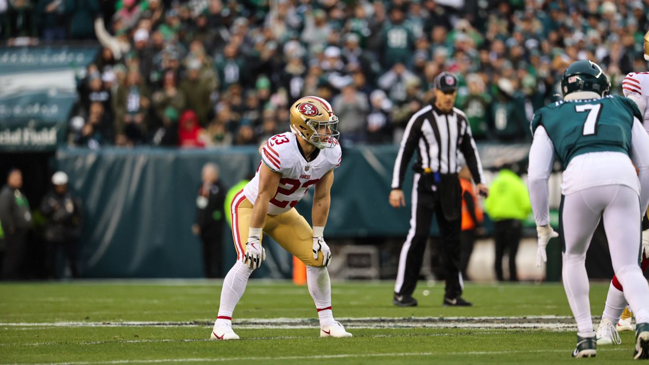 San Francisco 49ers running back Jordan Mason (24) looks on during the NFC  Championship NFL football game against the Philadelphia Eagles, Sunday, Jan.  29, 2023, in Philadelphia. (AP Photo/Chris Szagola Stock Photo - Alamy