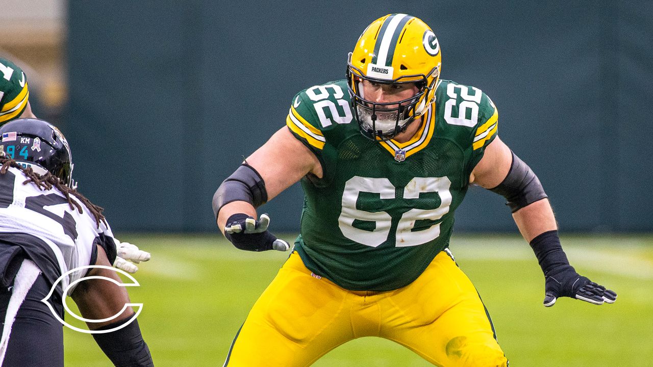 Green Bay Packers offensive guard Lucas Patrick (62) during