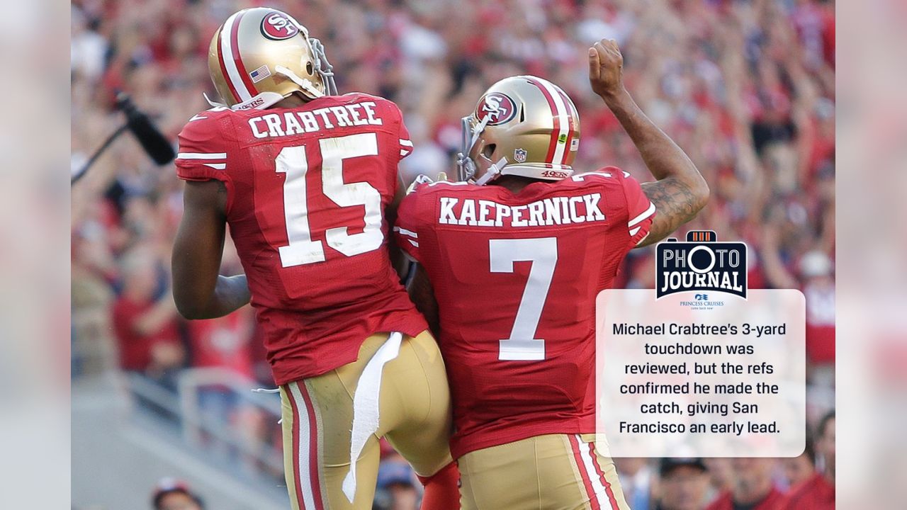 San Francisco 49ers Michael Crabtree (15) is pursued by New