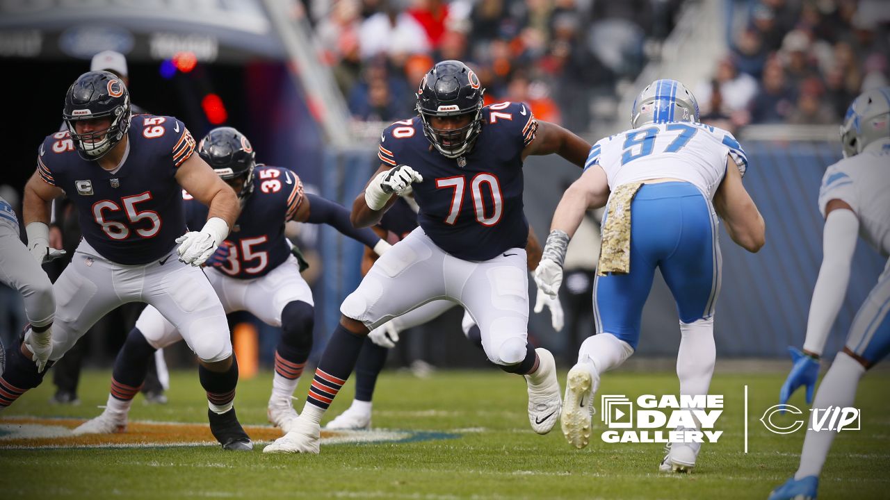 October 03, 2021: Chicago, Illinois, U.S. - Bears #32 David Montgomery  (right) celebrates his touchdown with teammate #81 J.P. Holtz during the  NFL Game between the Detroit Lions and Chicago Bears at