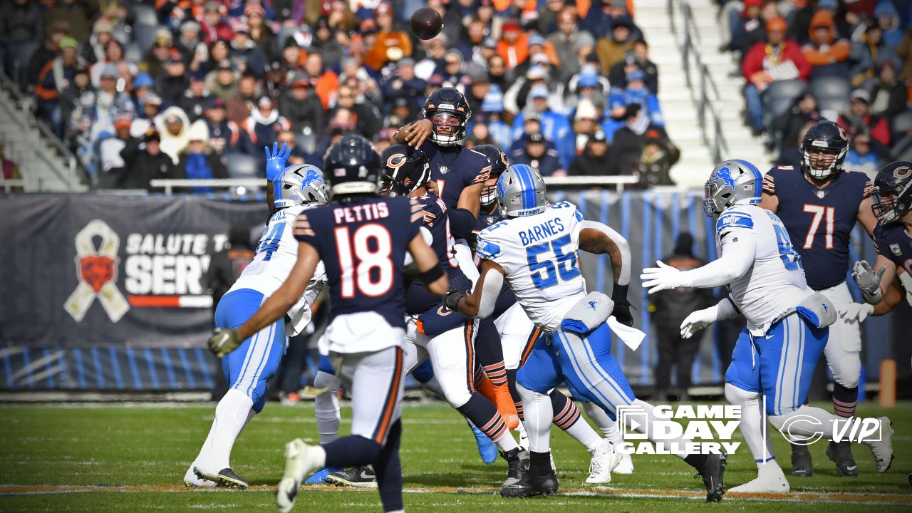 Chicago, Illinois, USA. 03rd Oct, 2021. - Bears #32 David Montgomery  (right) celebrates his touchdown with teammate #81 J.P. Holtz during the  NFL Game between the Detroit Lions and Chicago Bears at