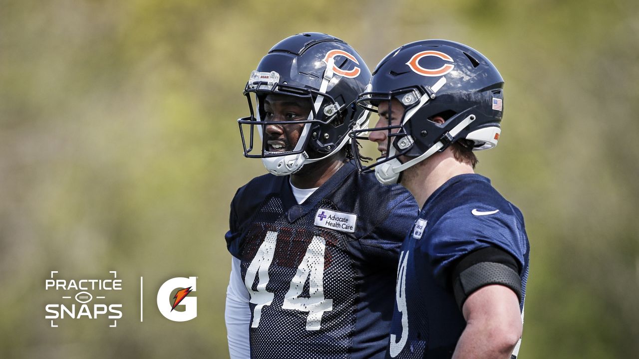 LAKE FOREST, IL - JUNE 15: Chicago Bears quarterback Justin Fields (1)  adjusts his helmet during the the Chicago Bears Minicamp on June 15, 2022  at Halas Hall in Lake Forest, IL. (