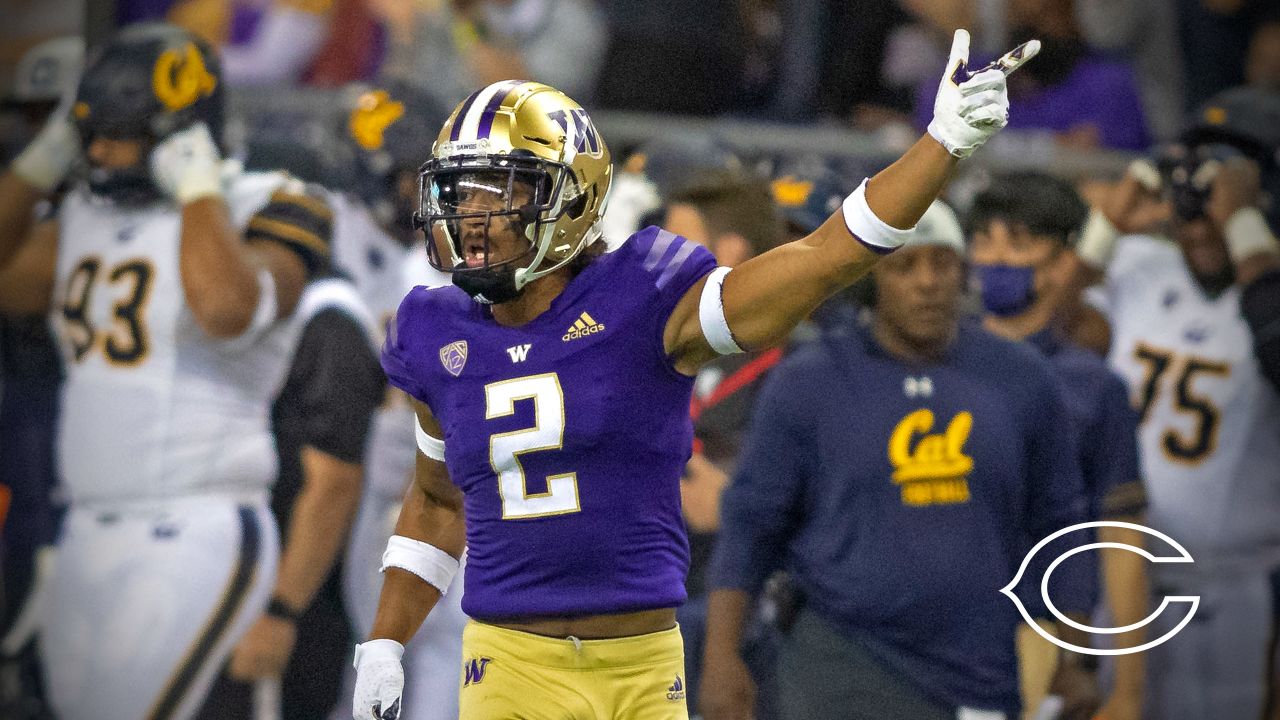 Washington cornerback Kyler Gordon smiles on the stage after being selected  by the Chicago Bears during the second round of the NFL football draft  Friday, April 29, 2022, in Las Vegas. (AP