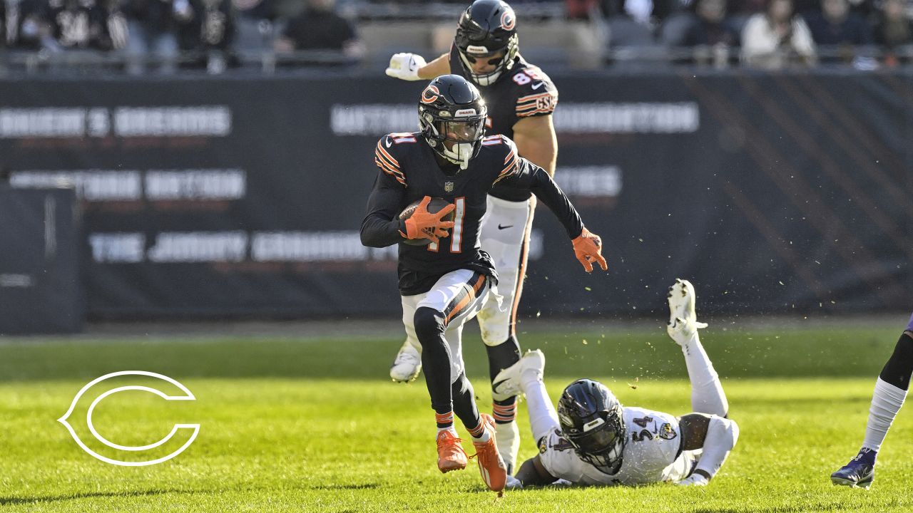 October 03, 2021: Chicago, Illinois, U.S. - Bears #32 David Montgomery  (right) celebrates his touchdown with teammate #81 J.P. Holtz during the  NFL Game between the Detroit Lions and Chicago Bears at