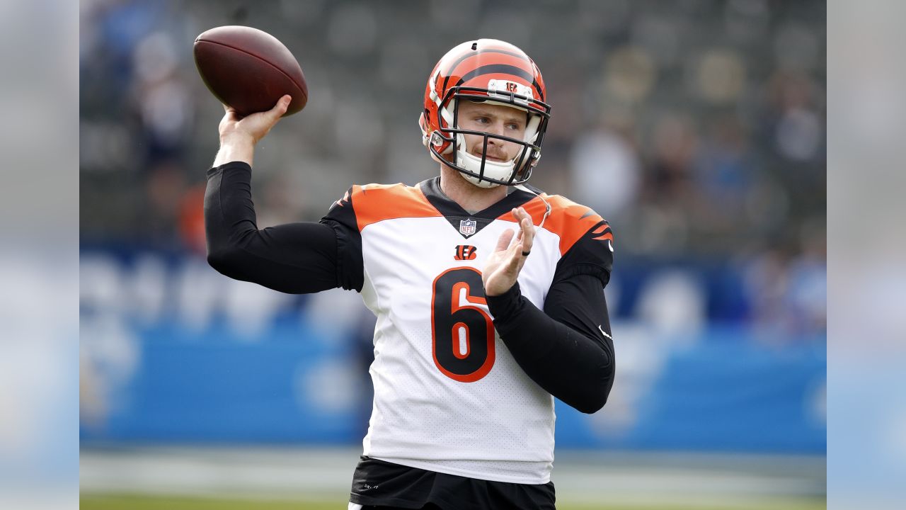 December 9, 2018..Cincinnati Bengals quarterback Jeff Driskel #6 looking  down field during the Cincinnati Bengals vs Los Angeles Chargers at Stubhub  Center in Carson, Ca on December 9, 2018. (Photo by Jevone