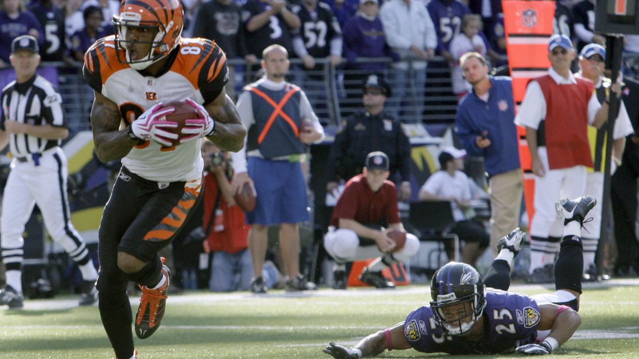 BALTIMORE, MD - OCTOBER 09: Baltimore Ravens cornerback Marcus Peters (24)  defends a pass intended for Bengals wide receiver Ja'Marr Chase (1) during  the Cincinnati Bengals versus Baltimore Ravens NFL game at