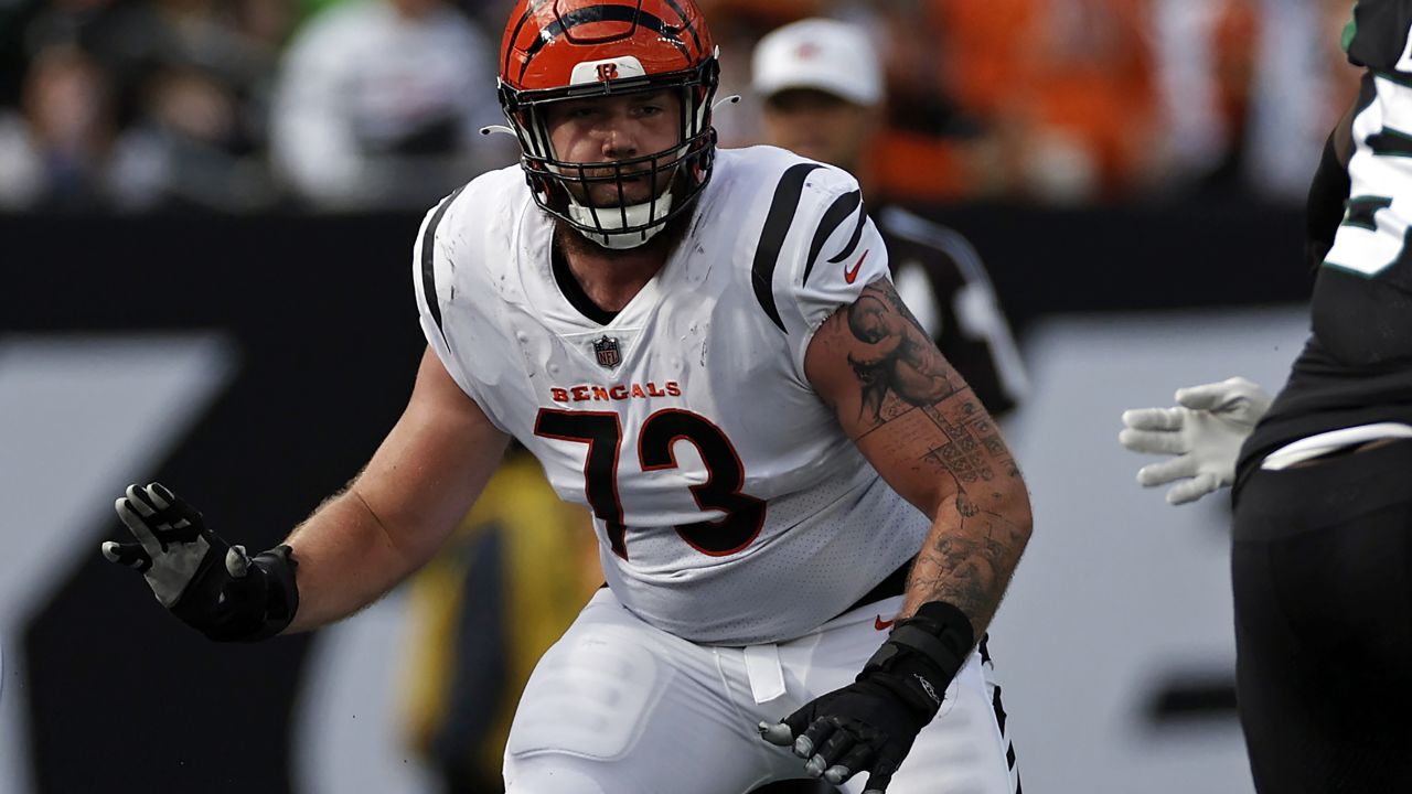 Cincinnati Bengals offensive guard Jackson Carman (79) reacts