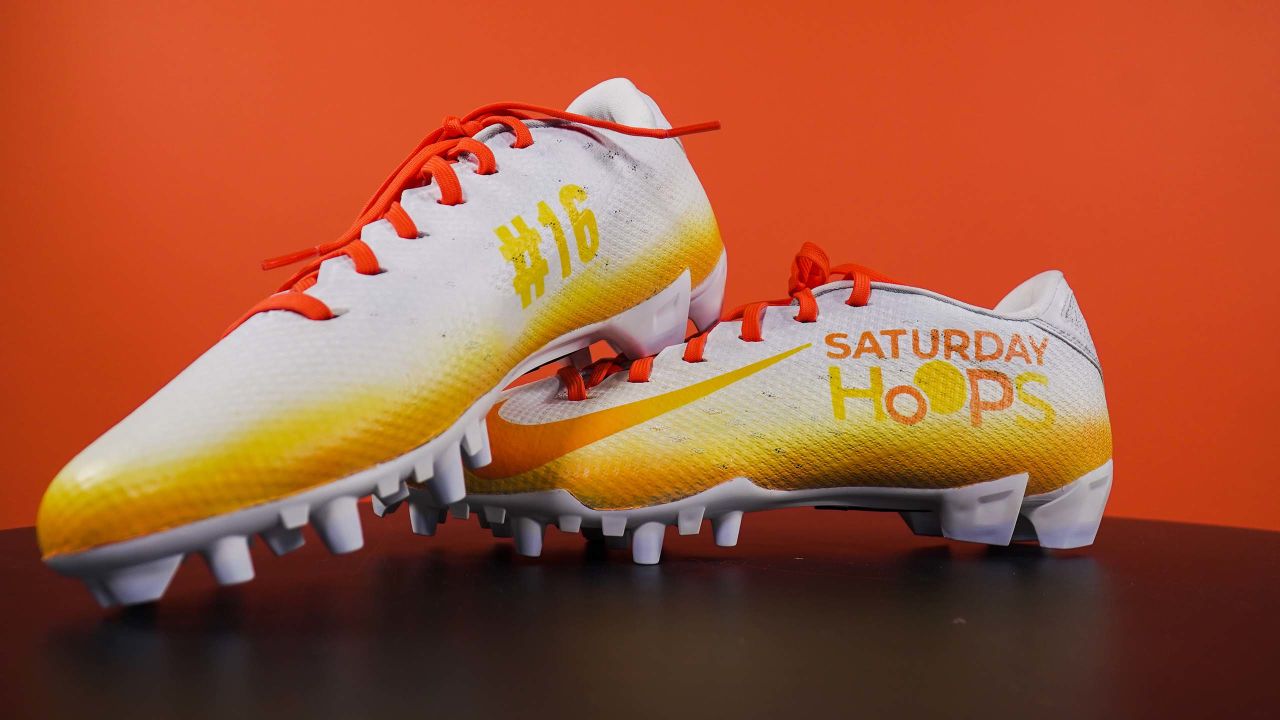 A detailed view of the My Cause My Cleats shoes of Cincinnati Bengals  quarterback Joe Burrow (9) during warm ups before an NFL football game  against the Los Angeles Chargers, Sunday, Dec.