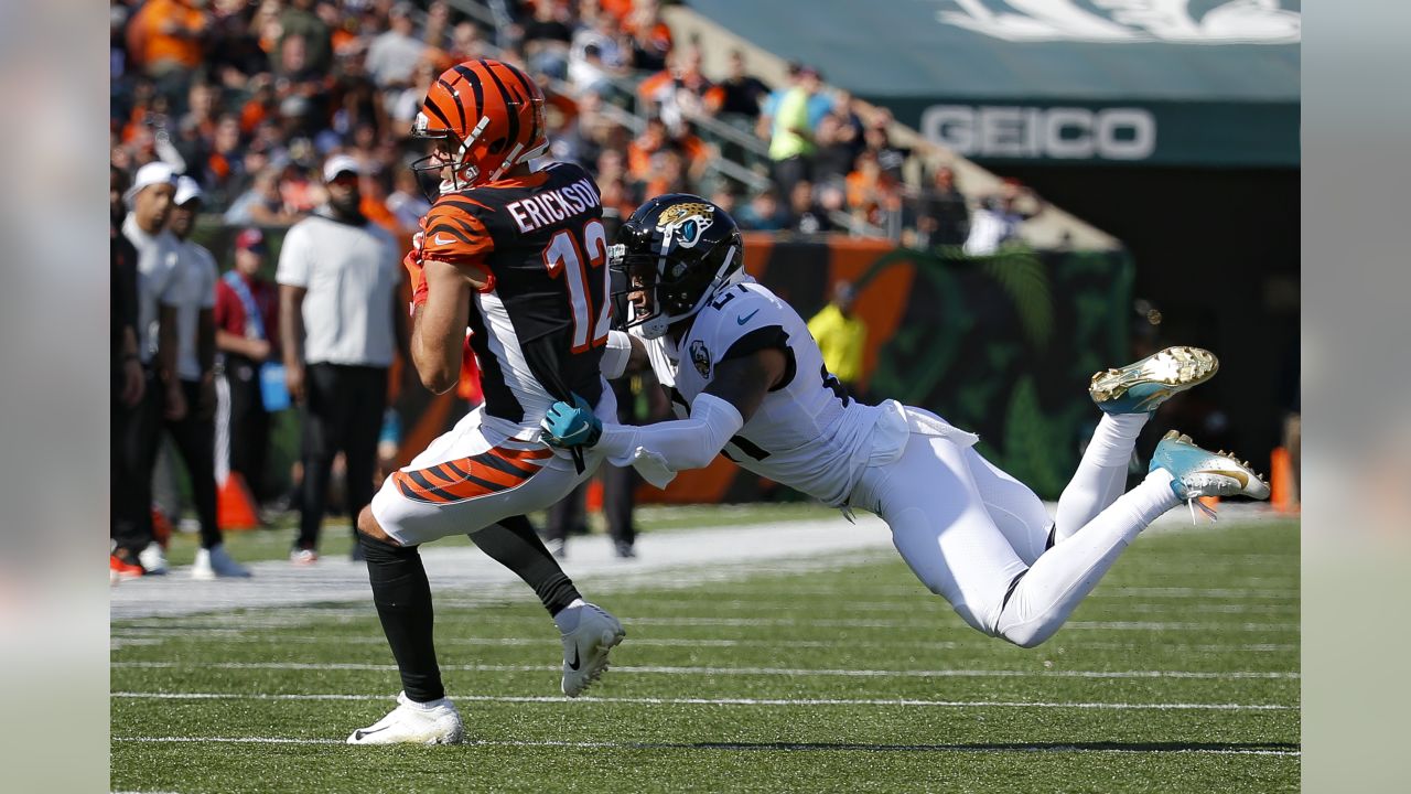 Cincinnati Bengals wide receiver Auden Tate (19) is brought down on the  carry during an NFL football game against the Jacksonville Jaguars,  Thursday, Sept. 30, 2021, in Cincinnati. (AP Photo/Emilee Chinn Stock